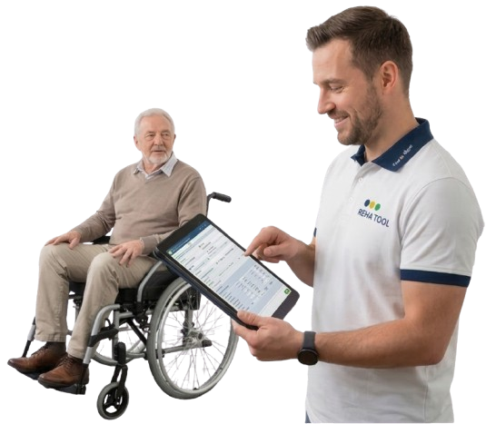 KI-generiertes Illustrationsbild: Reha-Berater im Beratungsgespräch mit einem Kunden