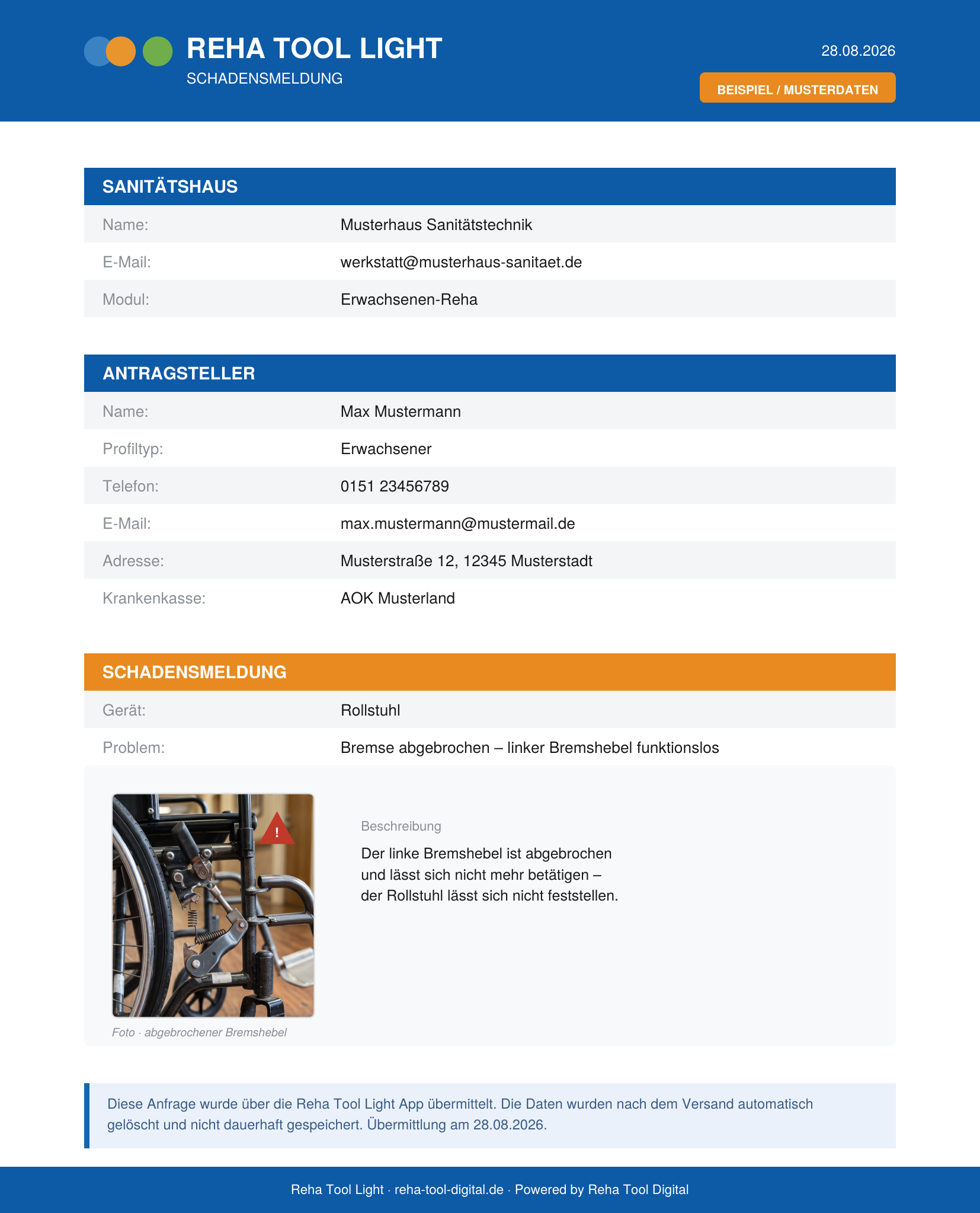 Reha Tool Light – Beispiel einer Schadensmeldung als PDF